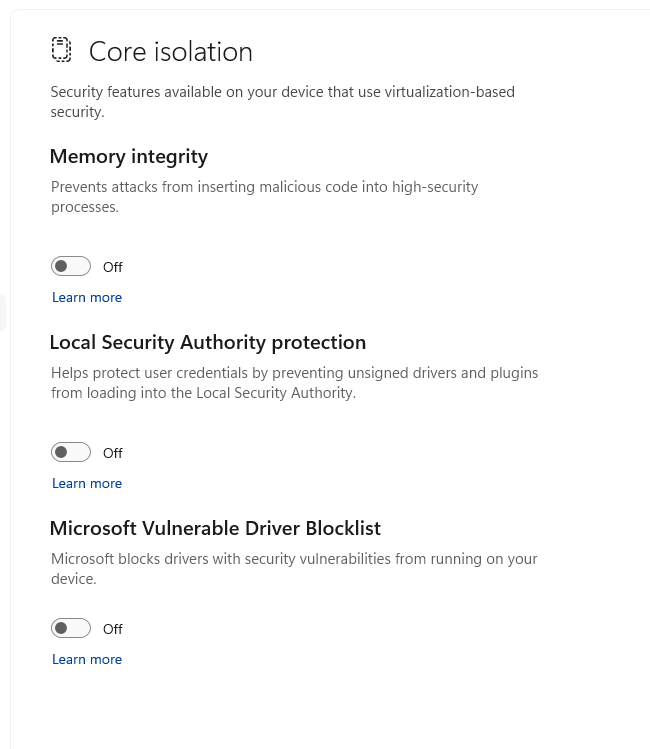 Core Isolation & Memory Integrity